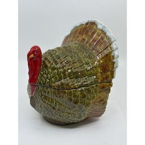 Vintage Ceramic Turkey Thanksgiving Candy Dish 70s Drip Glaze Cookie 2  Jar